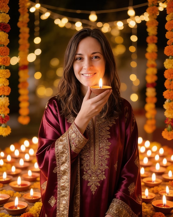 Diwali diya portrait: a festive silk outfit and the warm light of a lit clay lamp.