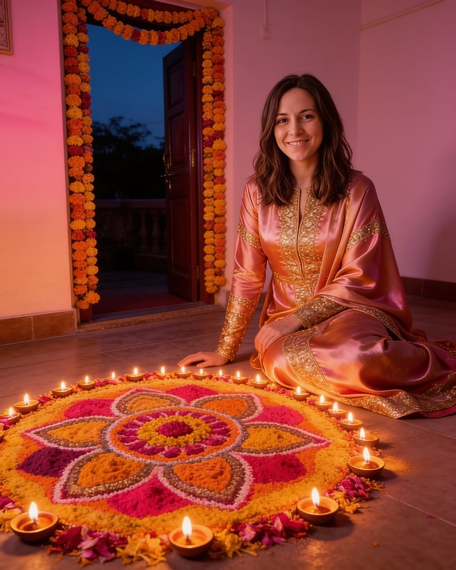 Rangoli portrait: a bright rangoli lined with diyas at a decorated doorway.