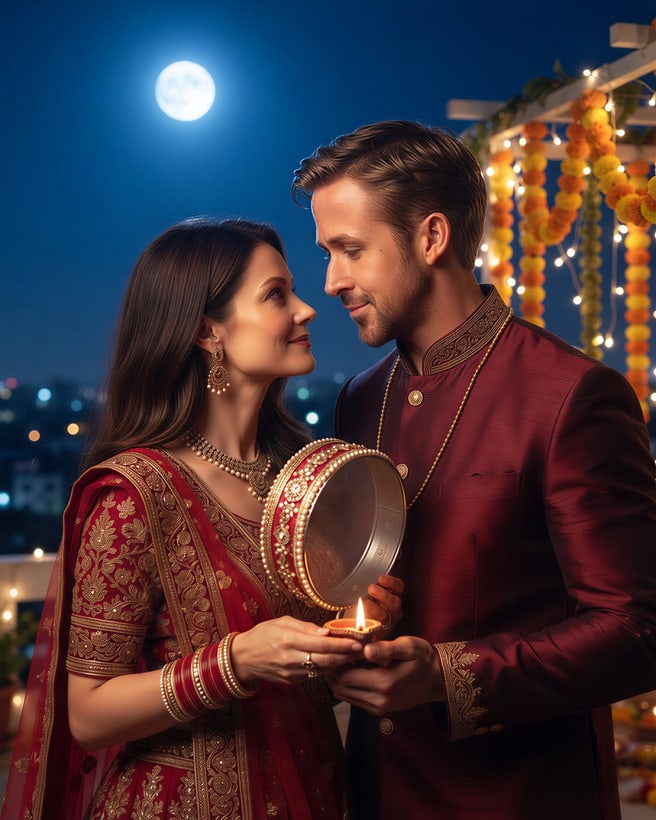 Karva Chauth under the moon: a rooftop at night, red and gold festive wear, a sieve and a lit diya.