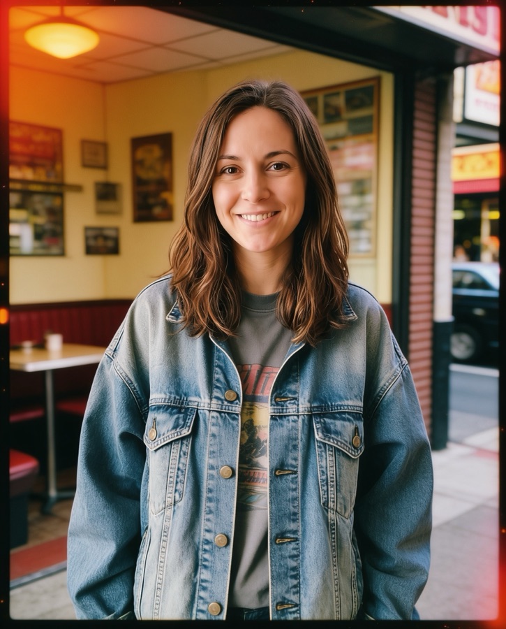 Женщина в джинсовой куртке — уличный снимок в духе 80-х: тёплая вспышка, плёночное зерно